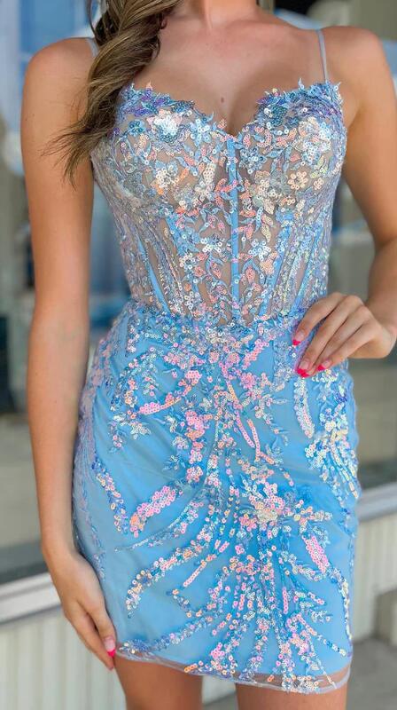 Vintage Blue Sequined Bodycon Design Elegant Spaghetti Strap Homecoming Dress TP3559