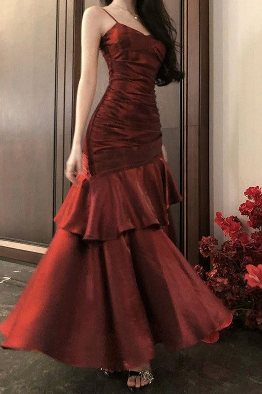 Spaghetti Straps Burgundy Long Prom Dresses Ruffles Maxi Prom Dress, Formal Dress,AST2103