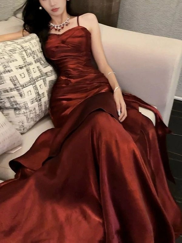 Spaghetti Straps Burgundy Long Prom Dresses Ruffles Maxi Prom Dress, Formal Dress,AST2103