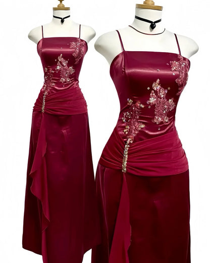 Spaghetti Straps Burgundy Prom Dresses Appliques Beaded Evening Party Dress Formal Outfits,AST2244