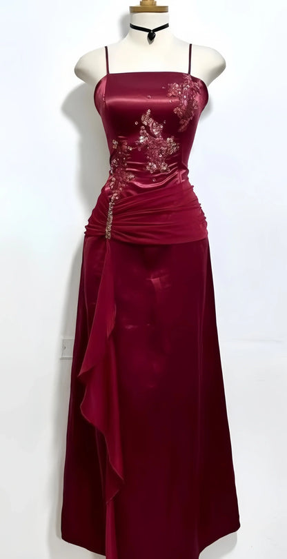 Spaghetti Straps Burgundy Prom Dresses Appliques Beaded Evening Party Dress Formal Outfits,AST2244