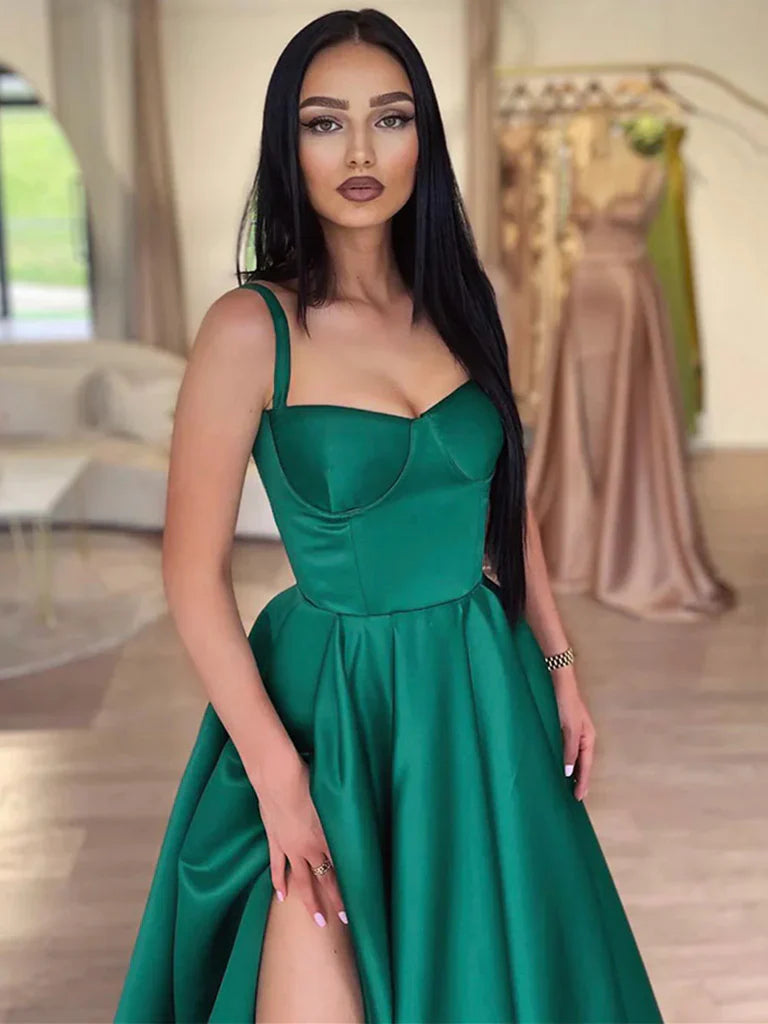 Spaghetti Straps Dark Green Long Satin Prom Dresses, Dark Green Long Satin Formal Evening Dresses,AST960