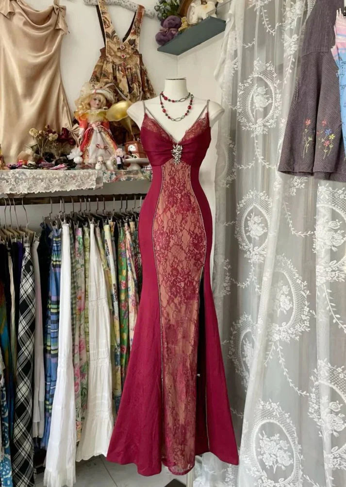 Spaghetti Straps Lace V-Neck Evening Prom Dresses,AST2261