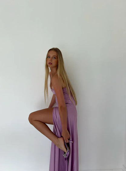 Spaghetti Straps Lilac Satin Floor Length Prom Dress, AST915