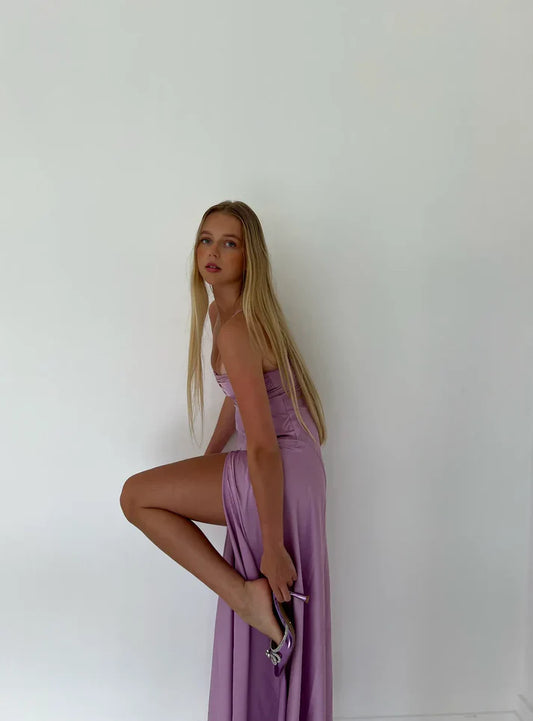 Spaghetti Straps Lilac Satin Floor Length Prom Dress, AST915