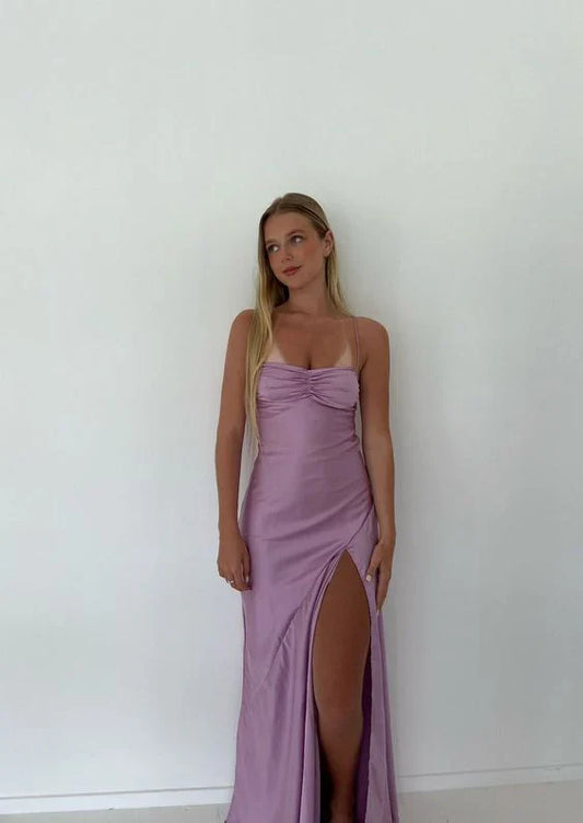 Spaghetti Straps Lilac Satin Floor Length Prom Dress, AST915