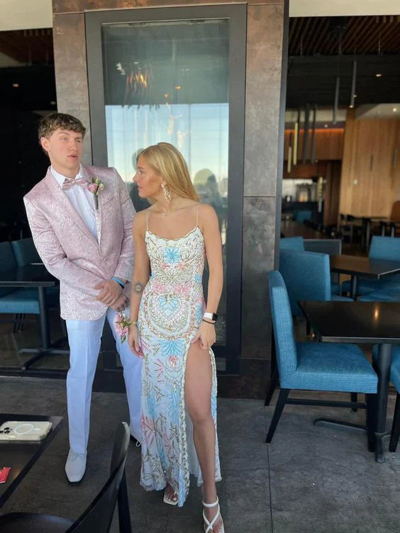 Spaghetti Straps Mermaid Long Prom Dress with Side Slit - Lace Evening Gown