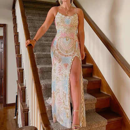 Spaghetti Straps Mermaid Long Prom Dress with Side Slit - Lace Evening Gown