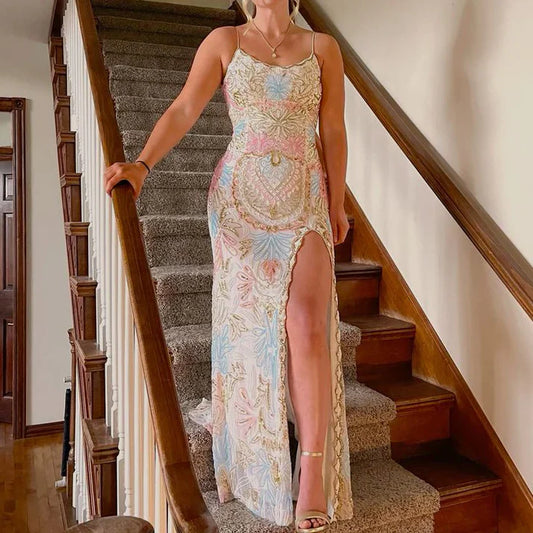 Spaghetti Straps Mermaid Long Prom Dress with Side Slit - Lace Evening Gown