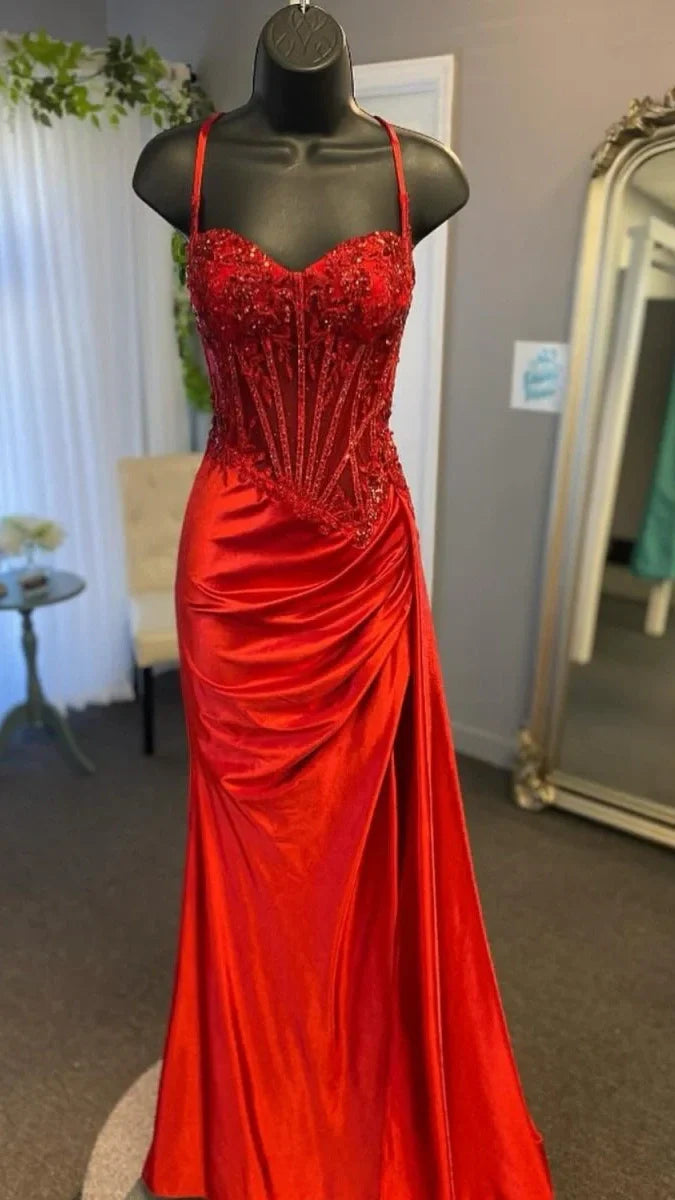 Spaghetti Straps Mermaid Prom Dresses Appliques Satin Evening Party Dress With Split,AST2202