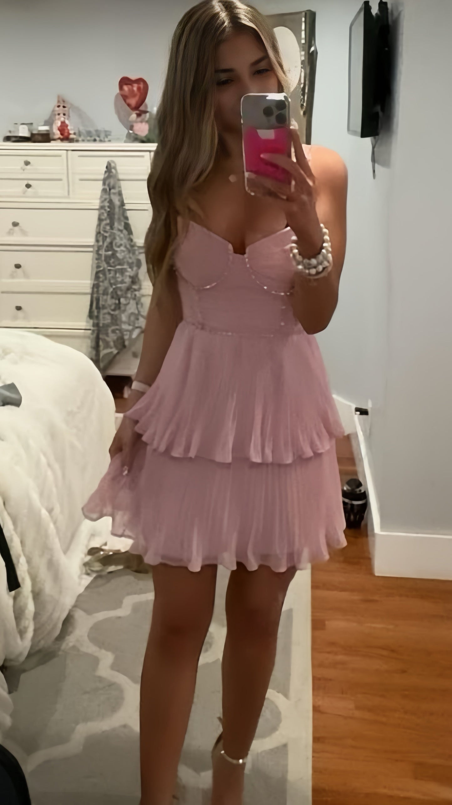 Spaghetti Straps Pink Chiffon Beaded Pleated Homecoming Dresses, AST1928