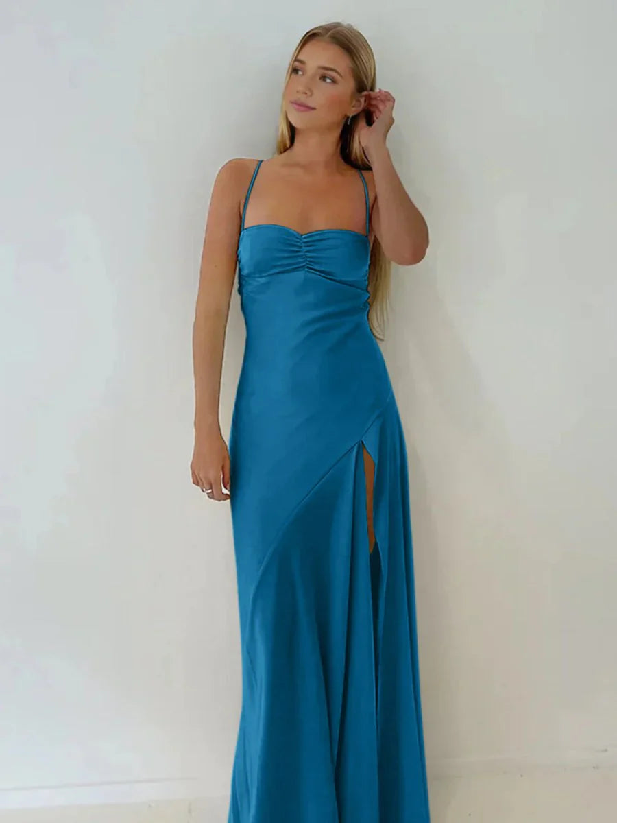 Spaghetti Straps Red Prom Dresses Long Evening Dress Sexy Party Gown With High Slit,AST2204