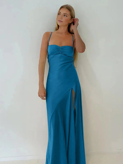 Spaghetti Straps Red Prom Dresses Long Evening Dress Sexy Party Gown With High Slit,AST2204