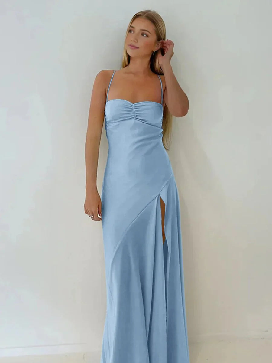 Spaghetti Straps Red Prom Dresses Long Evening Dress Sexy Party Gown With High Slit,AST2204