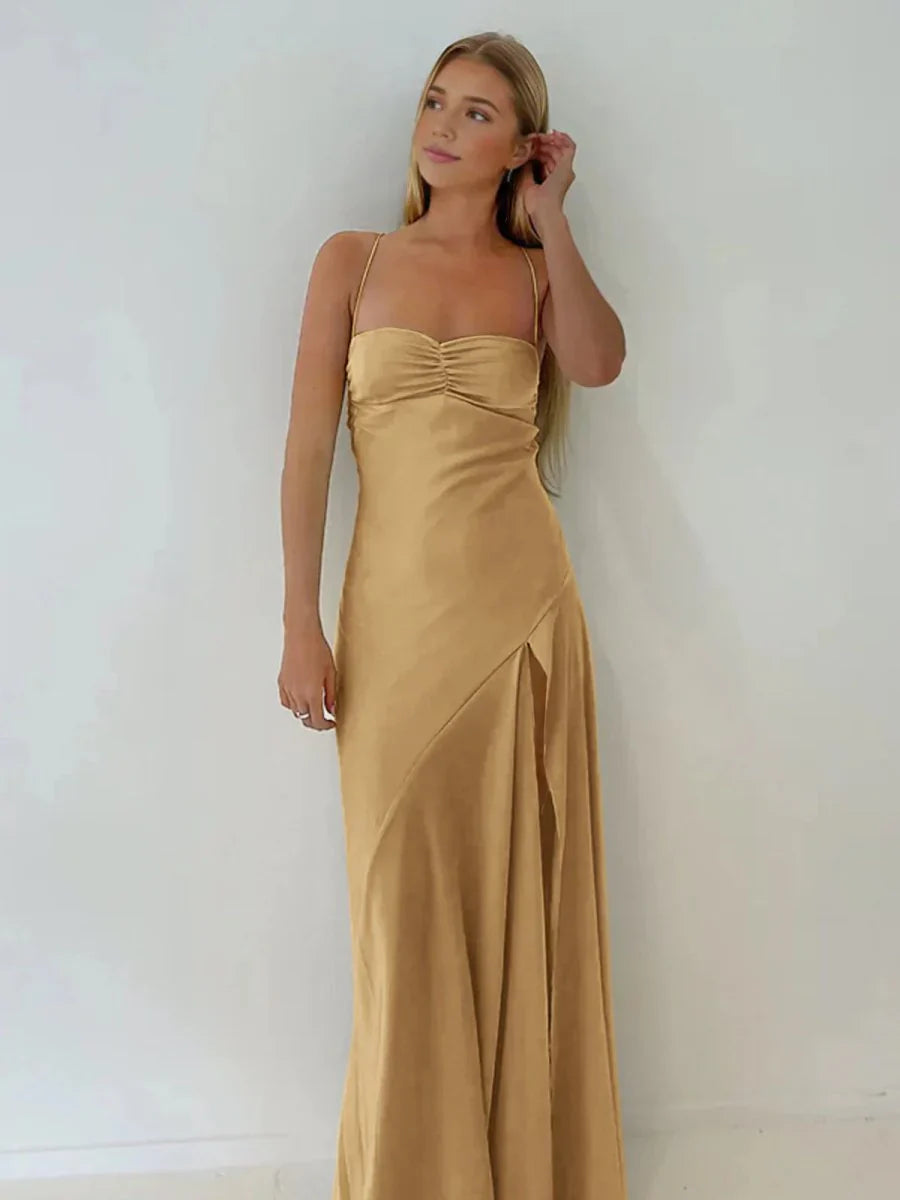 Spaghetti Straps Red Prom Dresses Long Evening Dress Sexy Party Gown With High Slit,AST2204