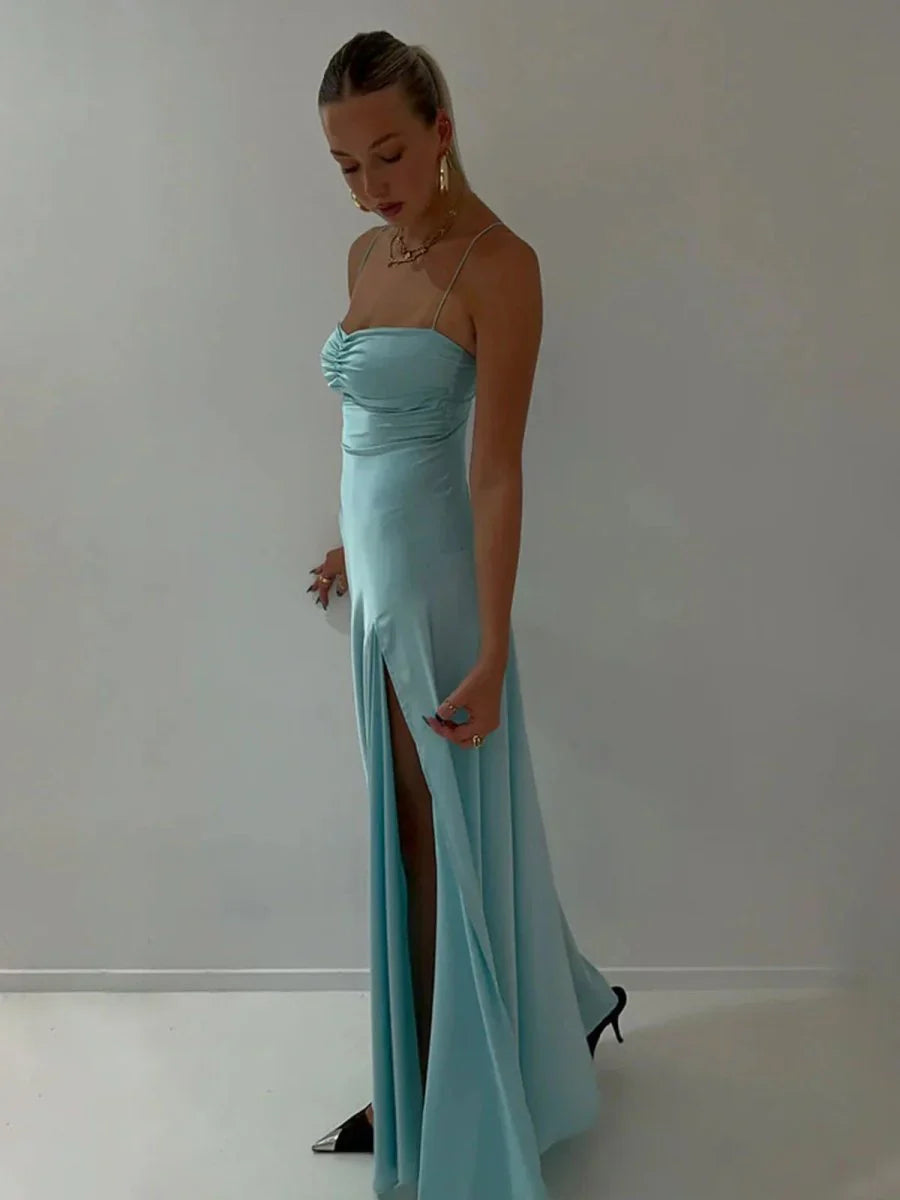 Spaghetti Straps Red Prom Dresses Long Evening Dress Sexy Party Gown With High Slit,AST2204