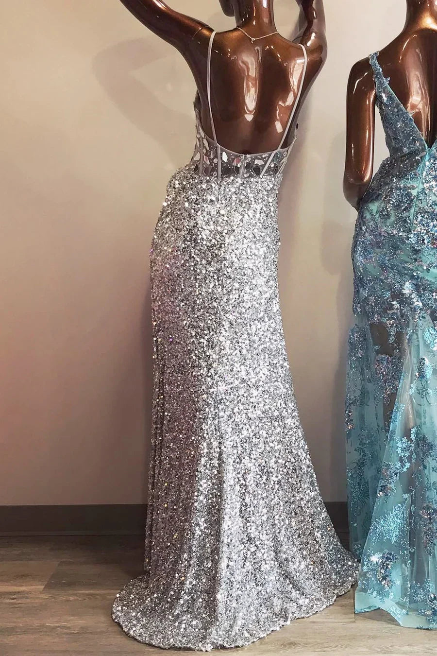 Spaghetti Straps V-Neck Prom Dresses Glass Mirror Evening Party Dress Sequin Mermaid Graduation Dress,AST2213
