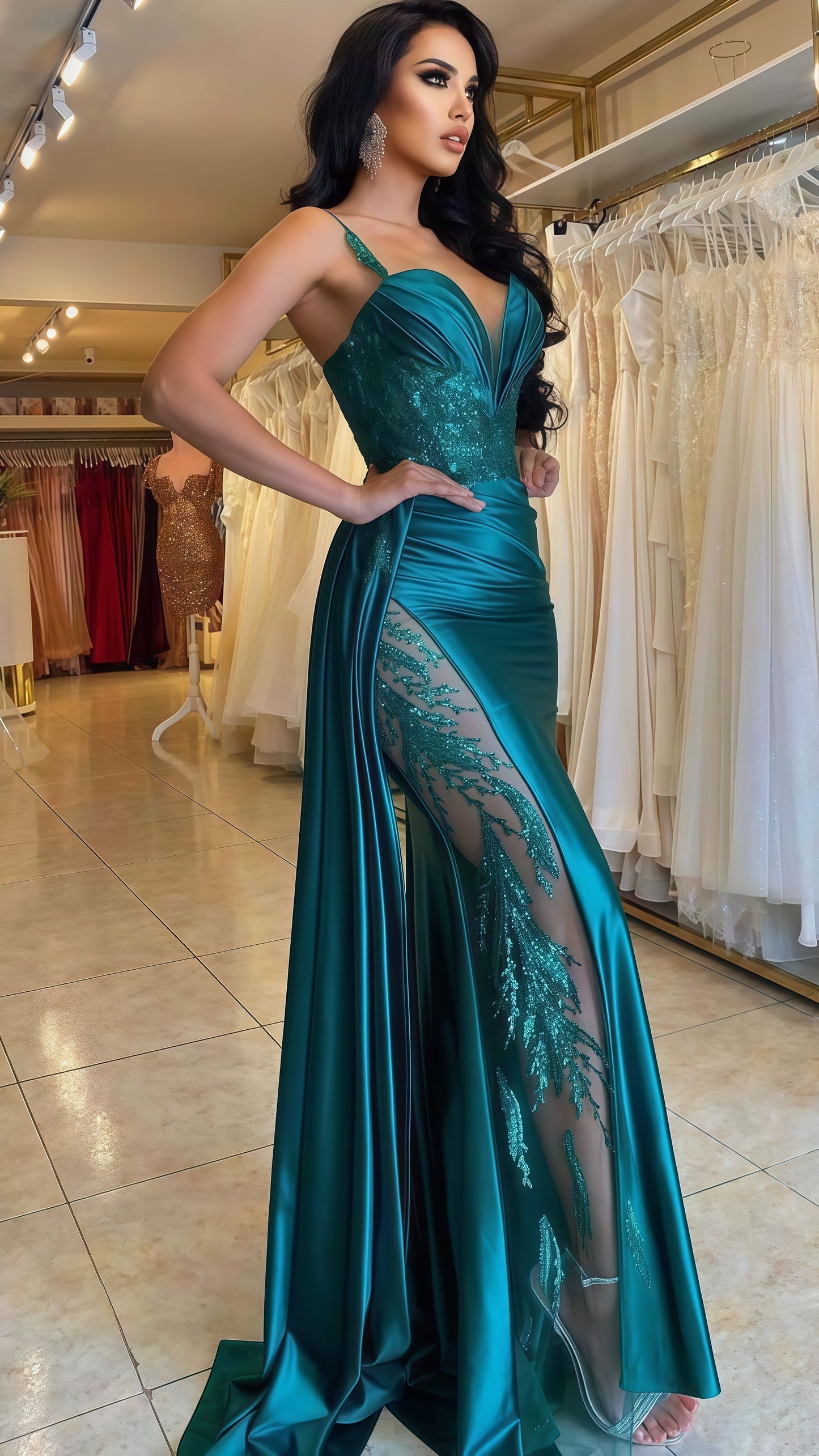 Spaghetti Straps V-neck Appliques Prom Party Dress,AST1780