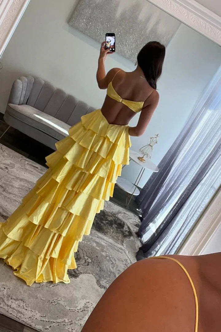 Spaghetti Straps V-neck Ruffle Prom Dresses Sexy Graduation Party Dress With Slit,AST2212