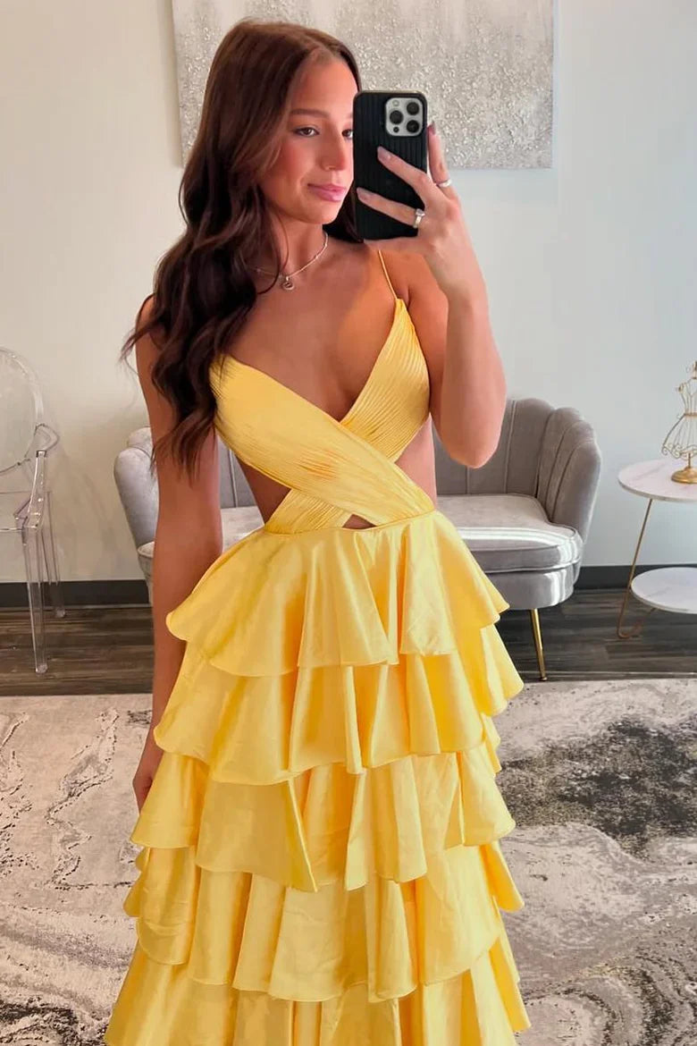 Spaghetti Straps V-neck Ruffle Prom Dresses Sexy Graduation Party Dress With Slit,AST2212