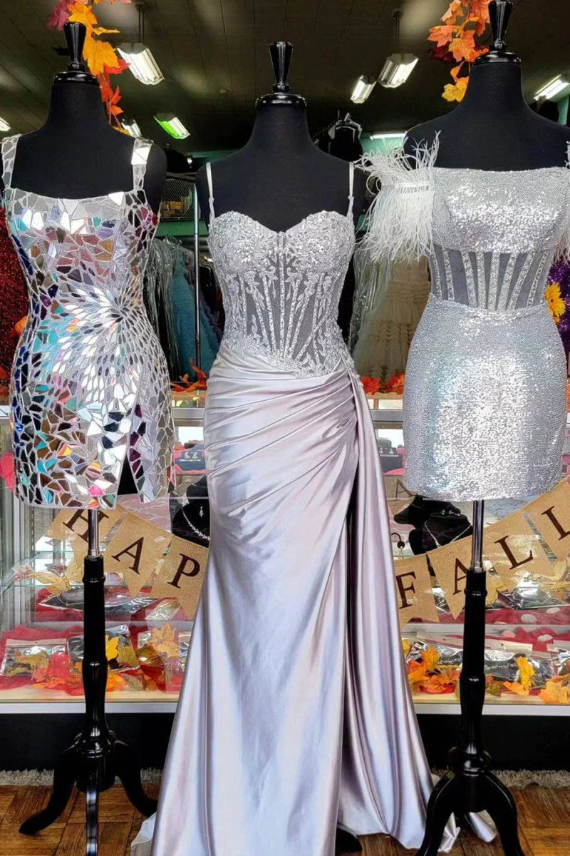 Spaghetti Straps Mermaid Prom Dresses Appliques Satin Evening Party Dress With Split,AST2202