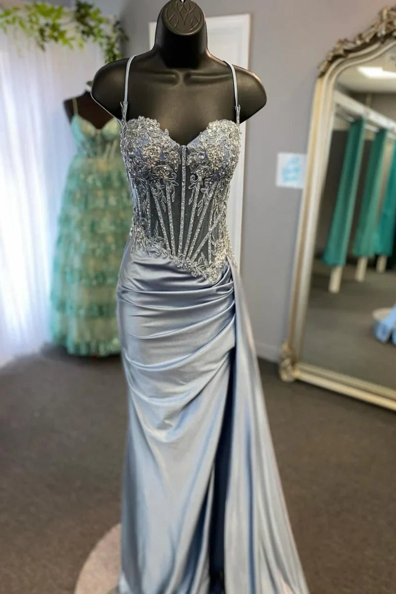 Spaghetti Straps Mermaid Prom Dresses Appliques Satin Evening Party Dress With Split,AST2202