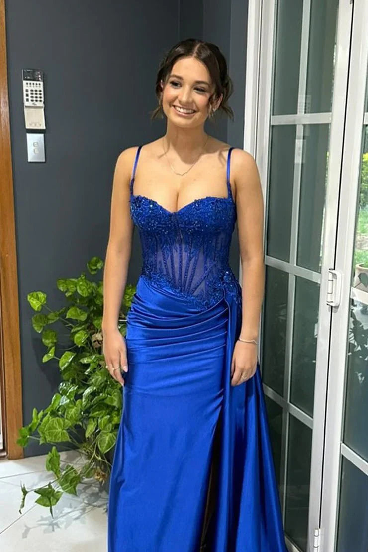 Spaghetti Straps Mermaid Prom Dresses Appliques Satin Evening Party Dress With Split,AST2202