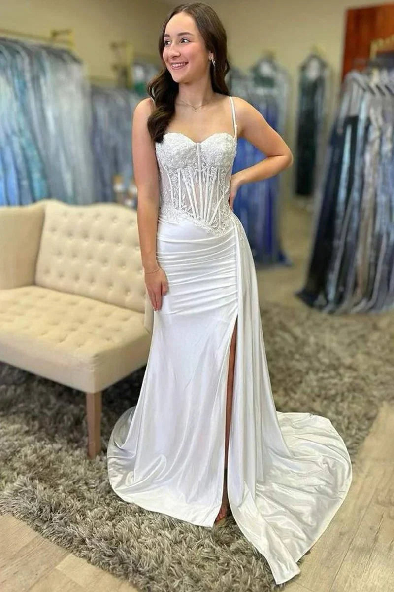 Spaghetti Straps Mermaid Prom Dresses Appliques Satin Evening Party Dress With Split,AST2202