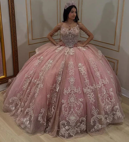 Sparkle Ball Gown Appliques Pink Quinceanera Dresses, Sweet 16 Dress,AST2119