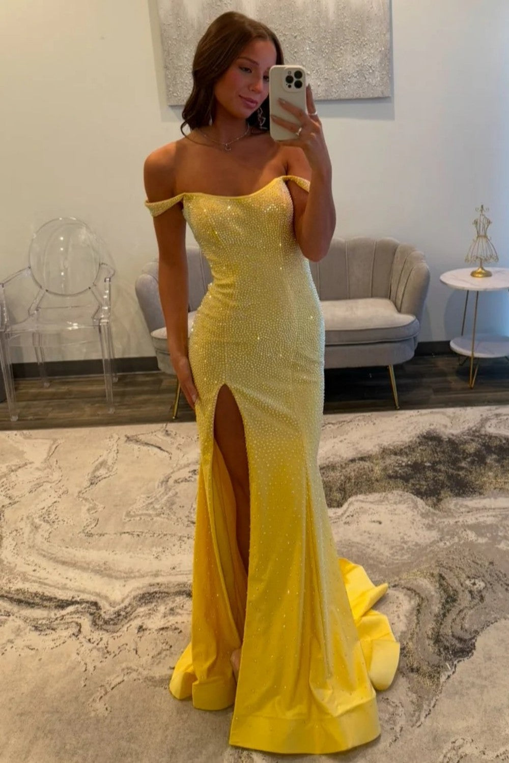 Sparkling Yellow Off Shoulder long Beaded Formal Prom Dress with Leg Slit