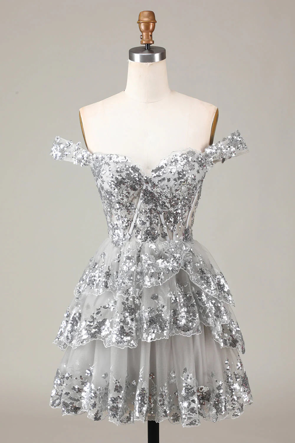 omberprom Fashion Silver Homecoming Dress A-Line Sparkly Corset Tiered Lace