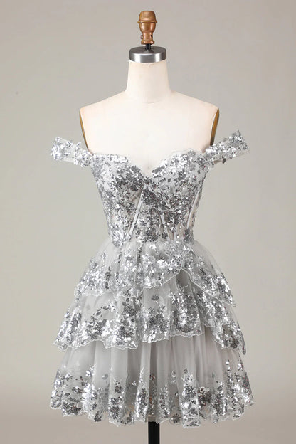 omberprom Fashion Silver Homecoming Dress A-Line Sparkly Corset Tiered Lace