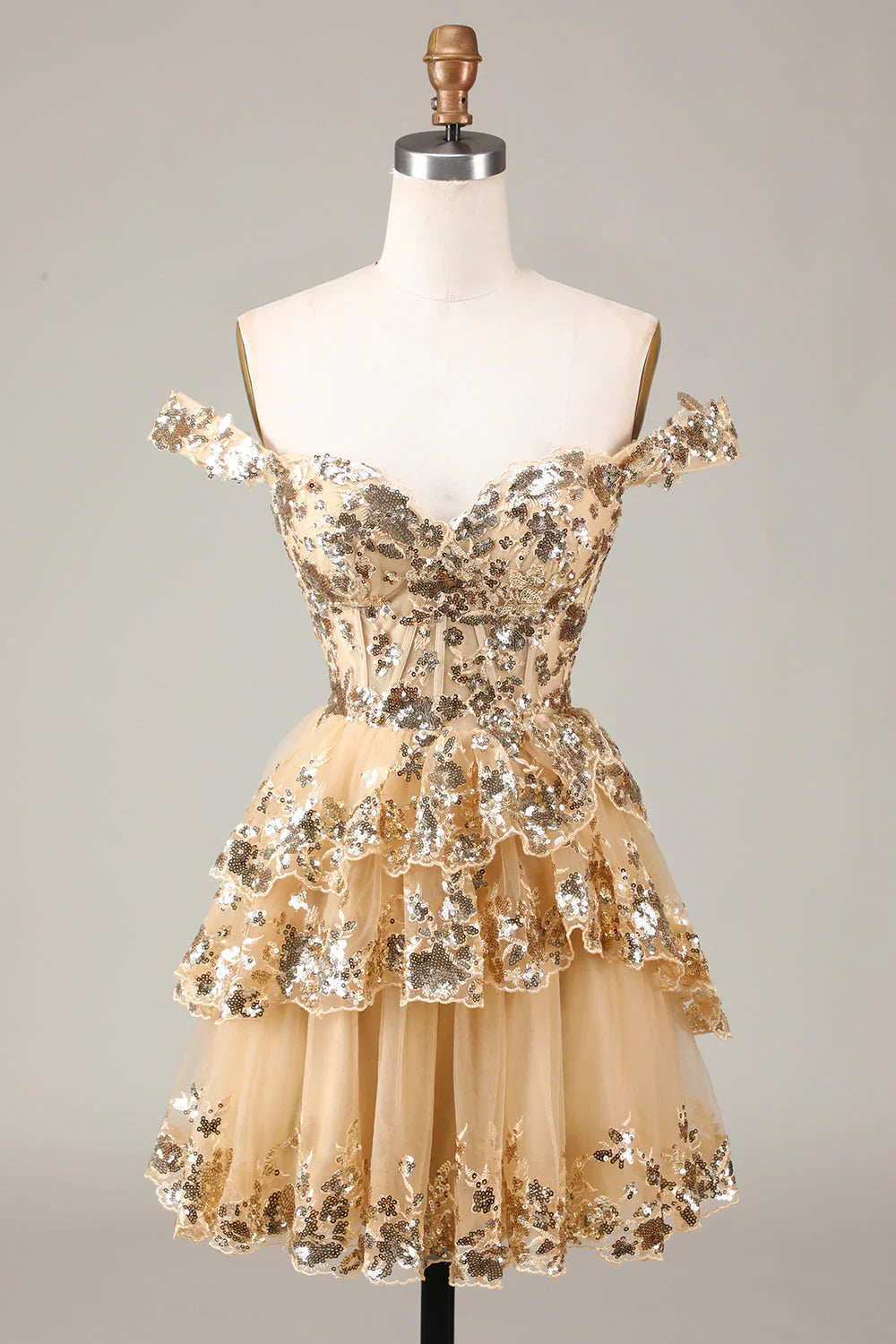 omberprom Fashion Silver Homecoming Dress A-Line Sparkly Corset Tiered Lace