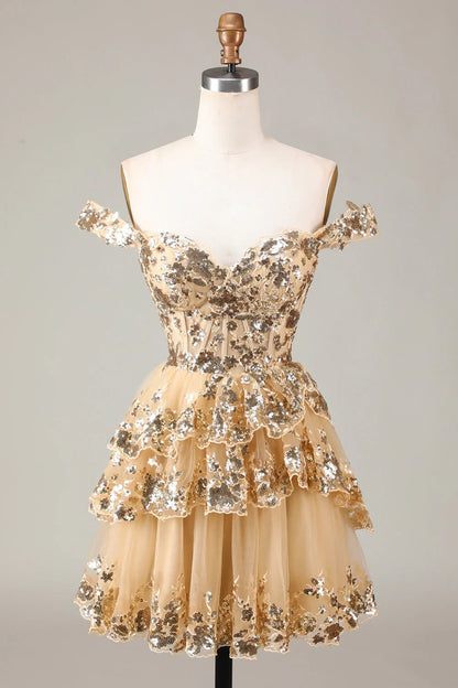 omberprom Fashion Silver Homecoming Dress A-Line Sparkly Corset Tiered Lace