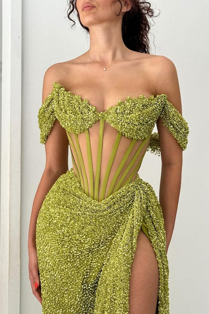Sparkly Green Off Shoulder Corset Sequin Prom Dress with High Slit