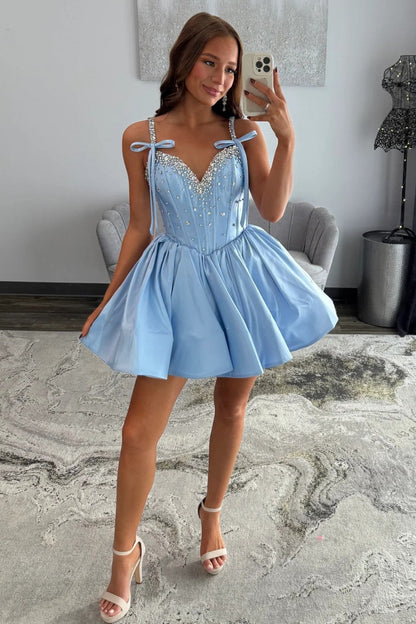 Sparkly Light Blue Corset Homecoming Dress with Rhinestone Bodice and Bow Tie Straps