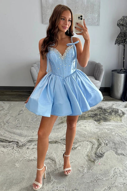 Sparkly Light Blue Corset Homecoming Dress with Rhinestone Bodice and Bow Tie Straps
