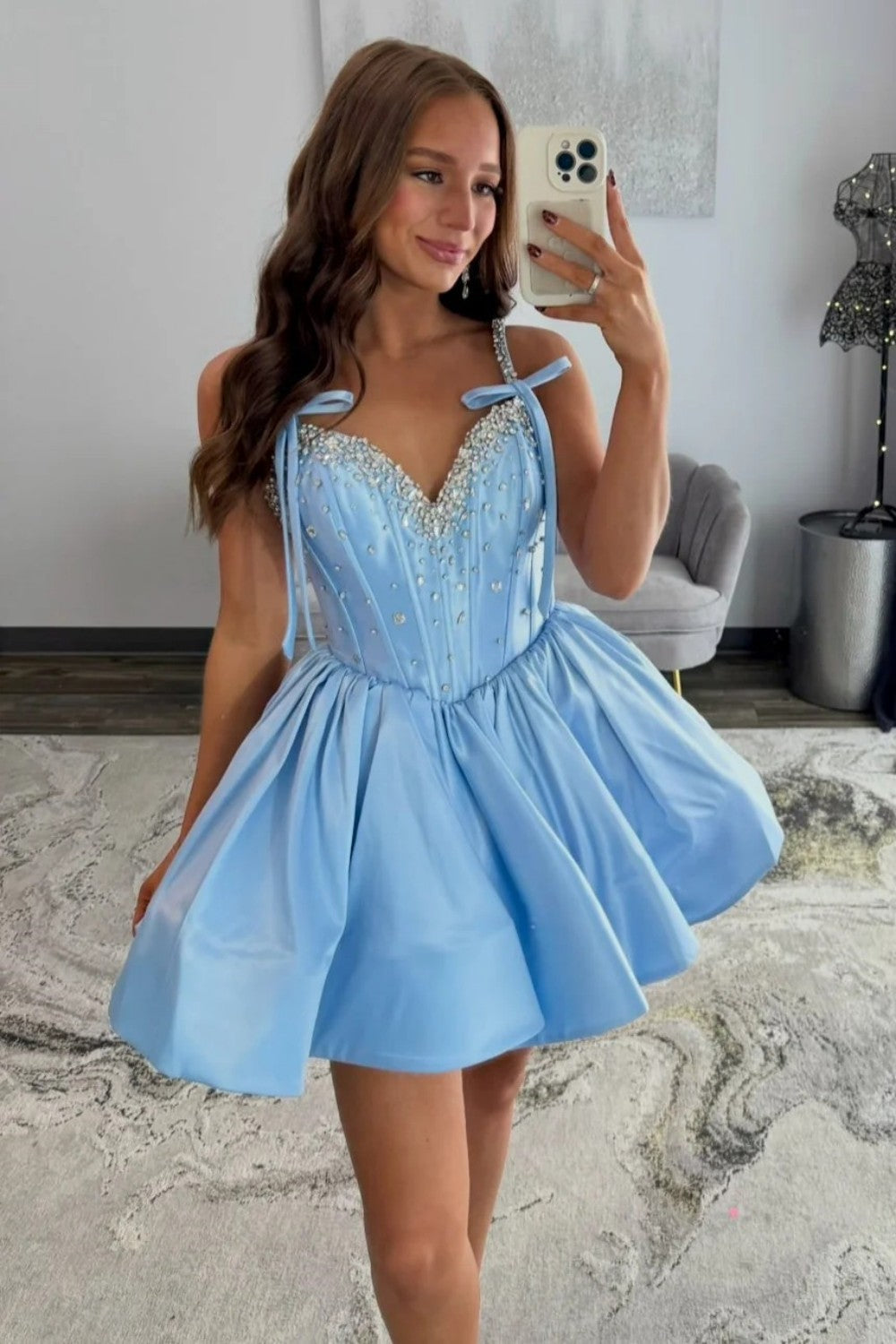 Sparkly Light Blue Corset Homecoming Dress with Rhinestone Bodice and Bow Tie Straps