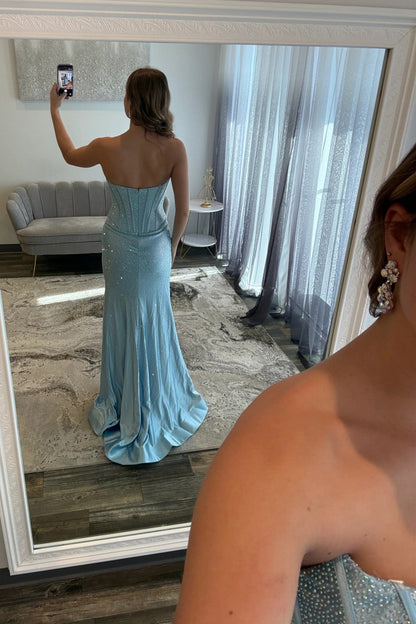 Glam Orange Strapless High-Slit Prom Dress with Corset Bodice and Sparkle