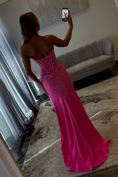 Glam Orange Strapless High-Slit Prom Dress with Corset Bodice and Sparkle