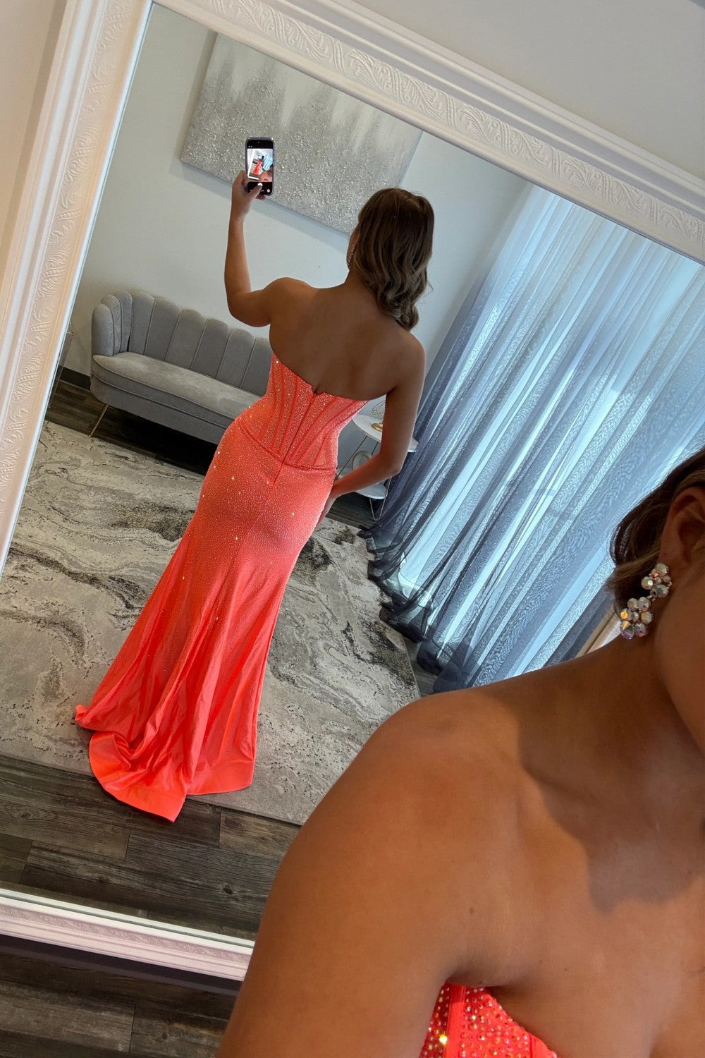 Glam Orange Strapless High-Slit Prom Dress with Corset Bodice and Sparkle