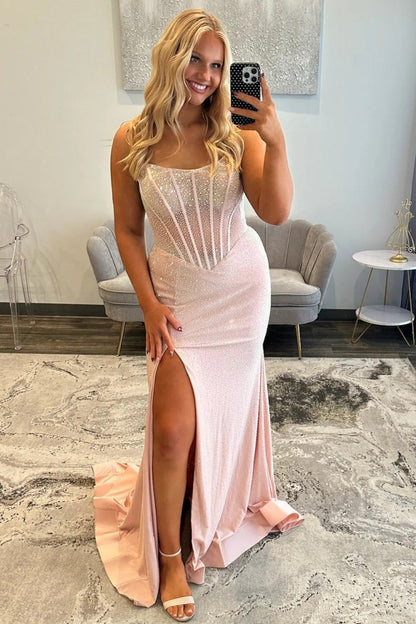 Sparkly Mermaid Strapless Light Blue Corset Prom Dress with Beading