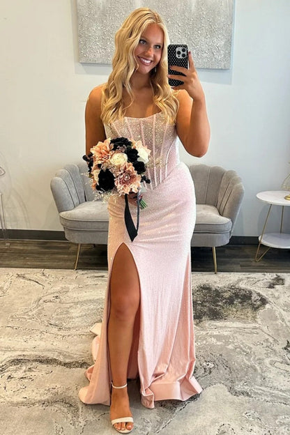Sparkly Mermaid Strapless Light Blue Corset Prom Dress with Beading