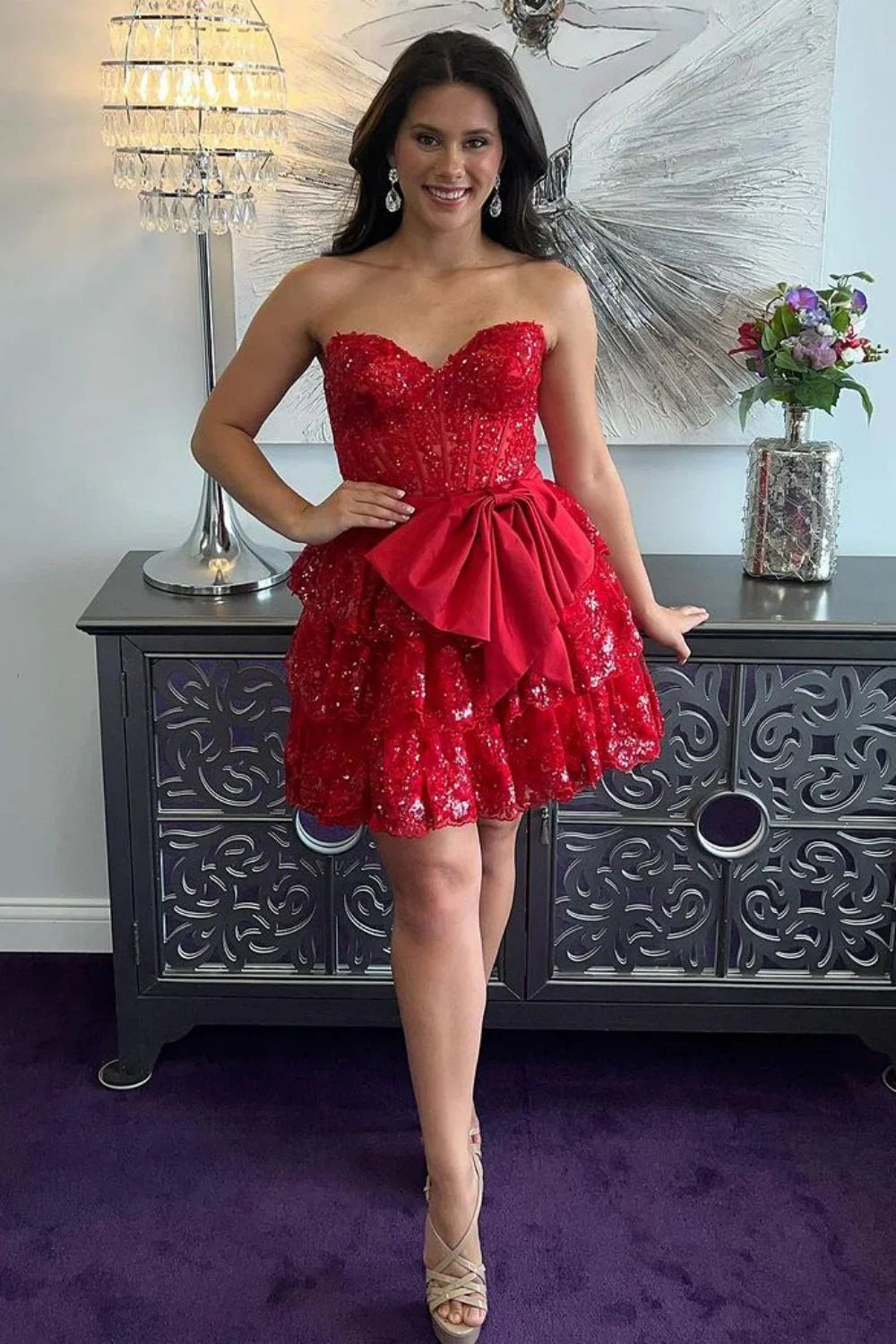 omberprom Homecoming Dress Sparkly A-Line Tiered With Bowknot Sweetheart