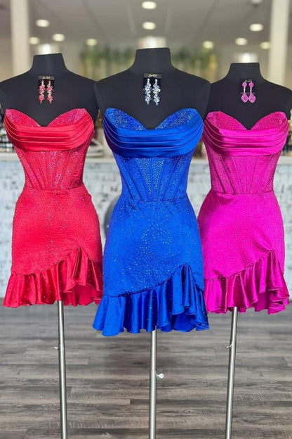 Glitter Strapless Satin Homecoming Dress with Beading and Ruffled Hem