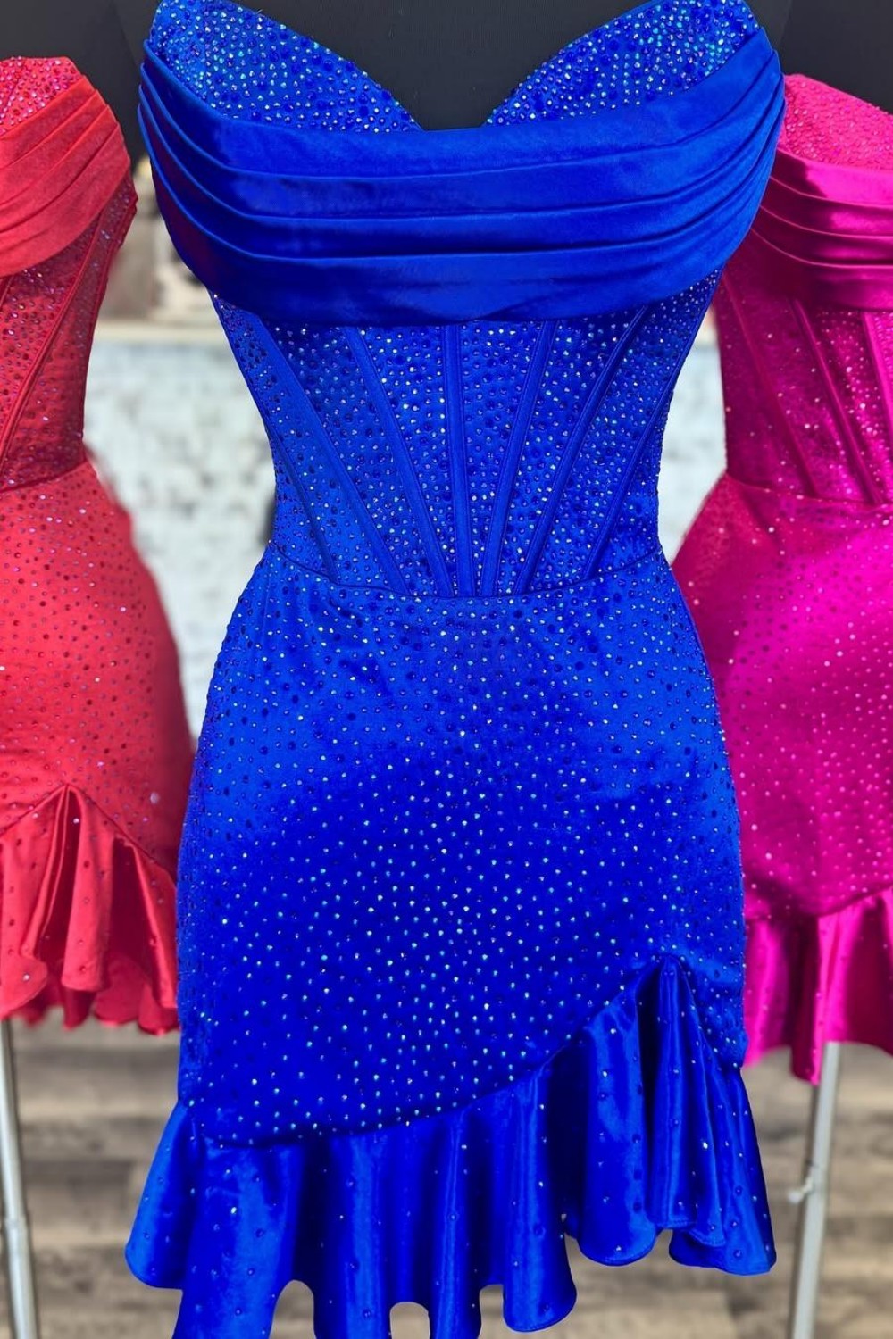 Sparkly Satin Corset Homecoming Dress with Ruffled Hem and Beading