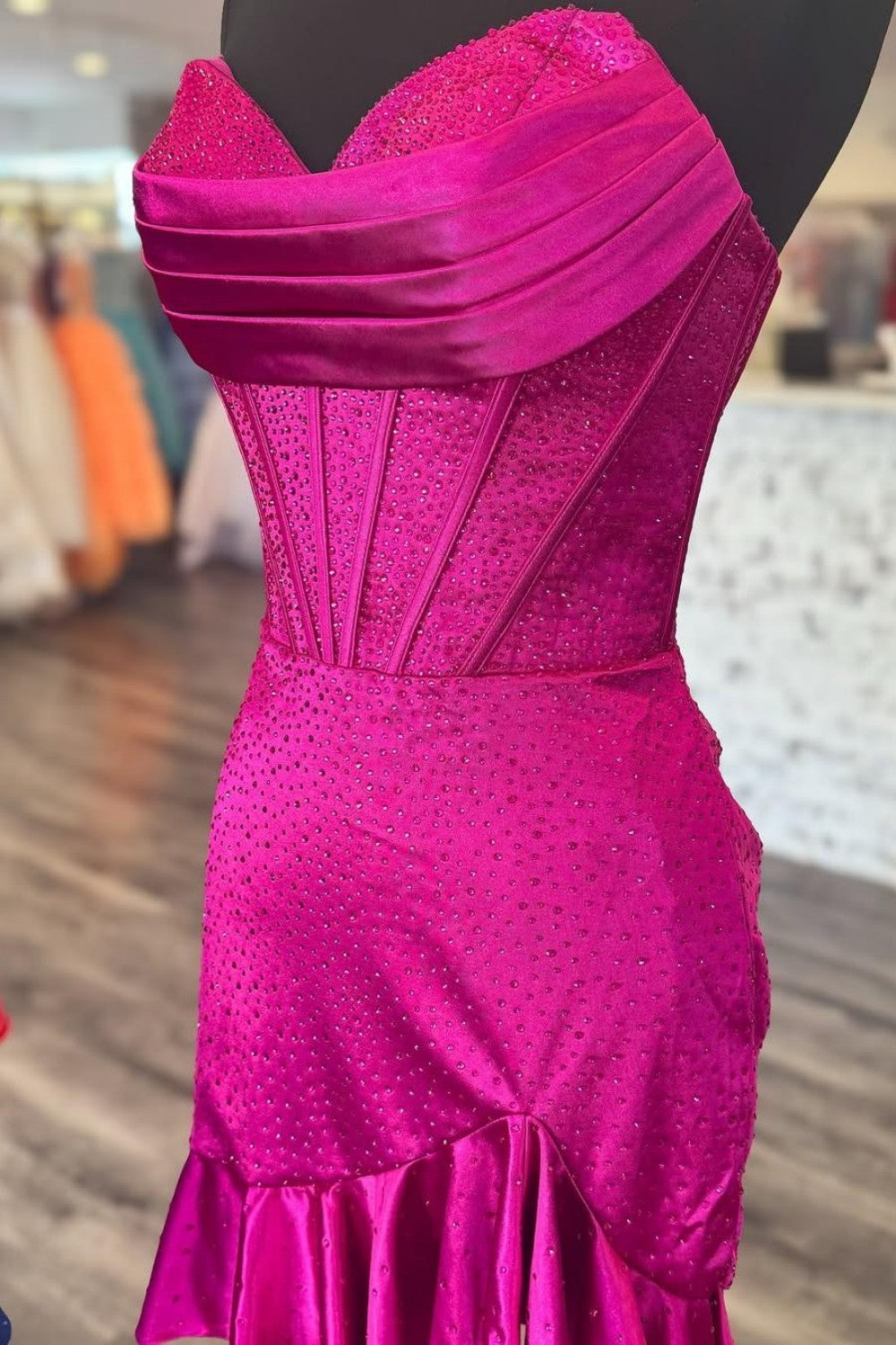 Sparkly Satin Corset Homecoming Dress with Ruffled Hem and Beading