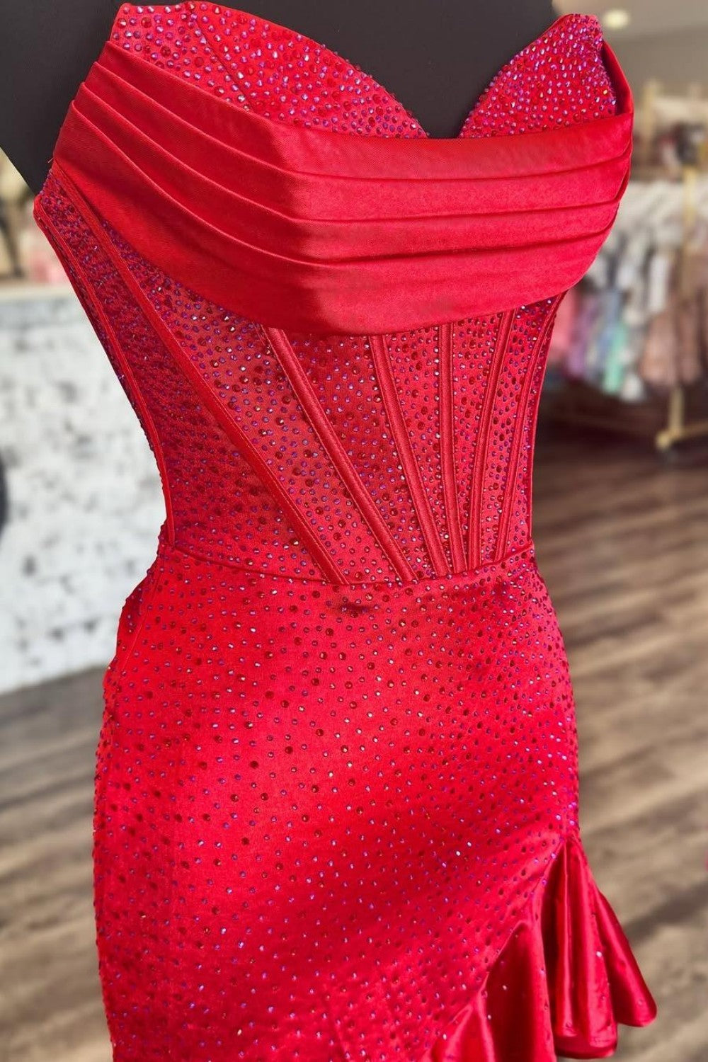 Sparkly Satin Corset Homecoming Dress with Ruffled Hem and Beading