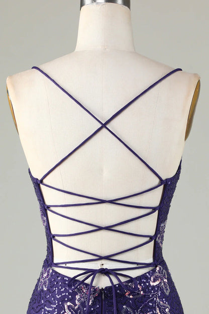 Sparkly Sheath Spaghetti Straps Dark Purple Short Homecoming Dress With Criss Cross Back