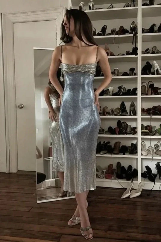 Sparkly Sheath Spaghetti Straps Grey Blue Sequins Tea Length Party Dress